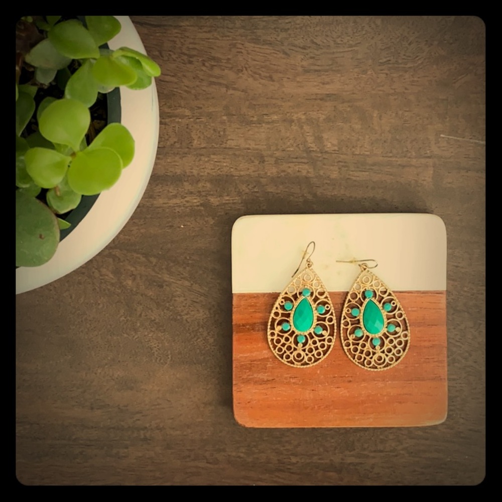 Gold and green large tear-drop earrings